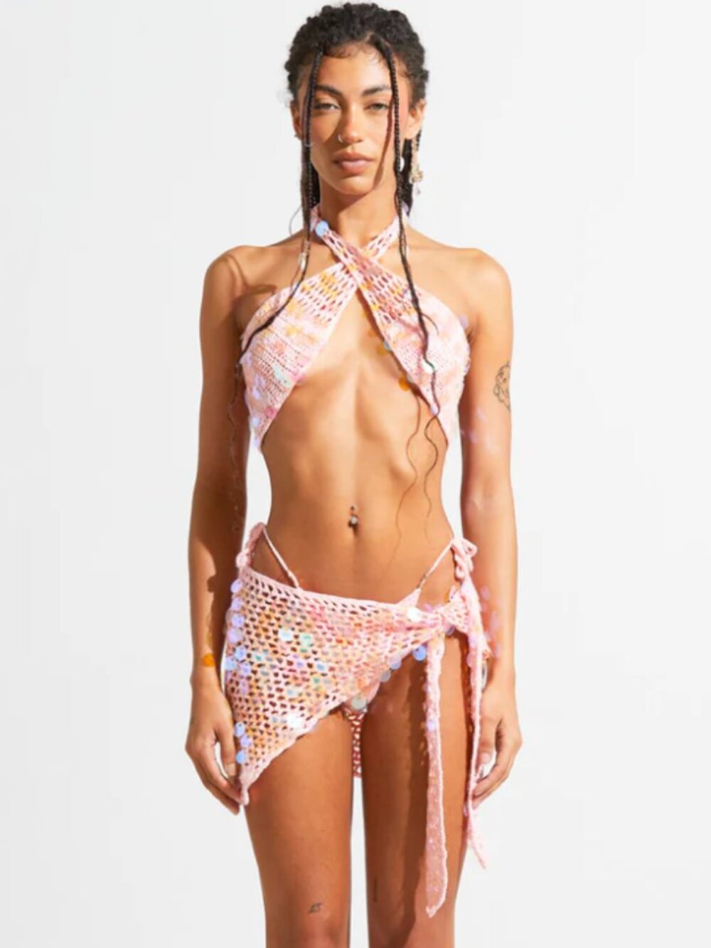 Sparkl Fairy Couture Pink Crochet Sequin Top and Wrap Skirt Set NWT - Small